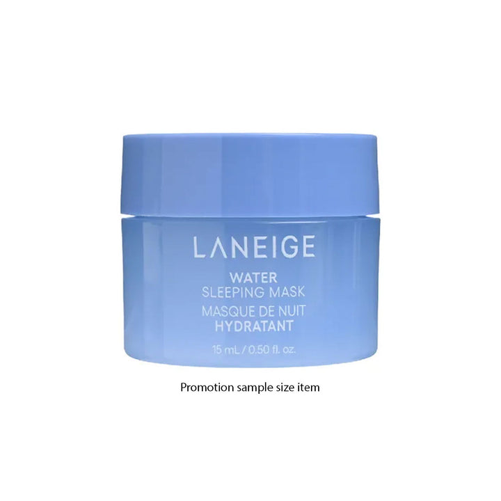 A light blue jar of Laneige Water Sleeping Mask on a white background, with a small text label below reading &