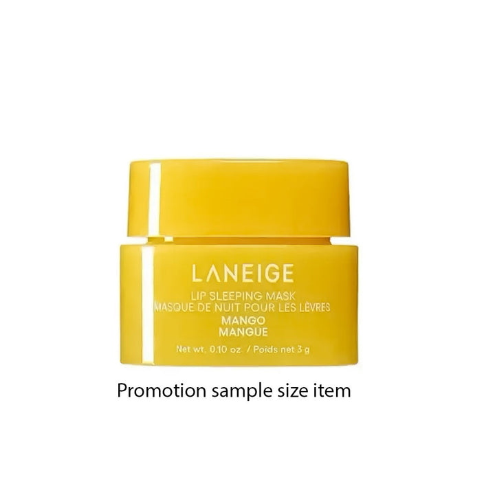 LANEIGE Mango Lip Sleeping Mask in a bright yellow jar, shown on a white background with the text &