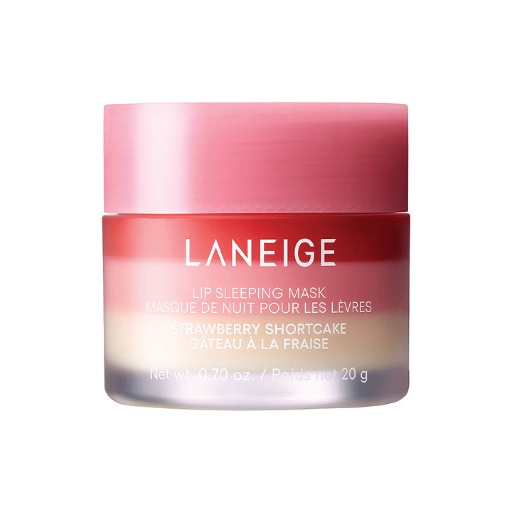 LANEIGE Strawberry Shortcake Lip Sleeping Mask jar with a pink lid and a red-to-beige gradient container on a white background.