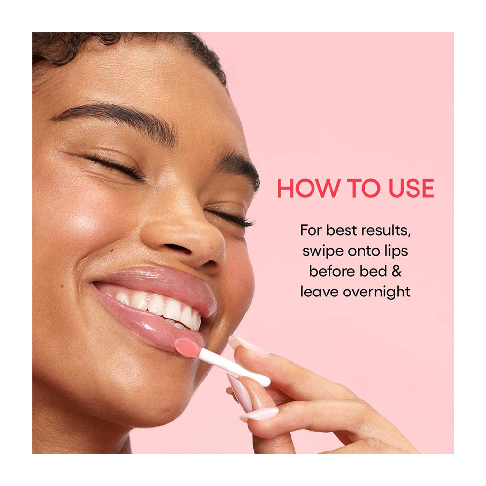 A close-up of a woman applying a pink lip product with a wand to her lower lip, with text on a pink background reading &