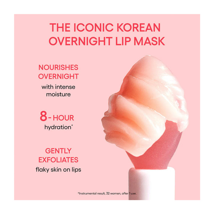 Pink promotional graphic for an overnight lip mask, featuring a translucent peach-pink lip mask applied to a lower lip. Text reads &