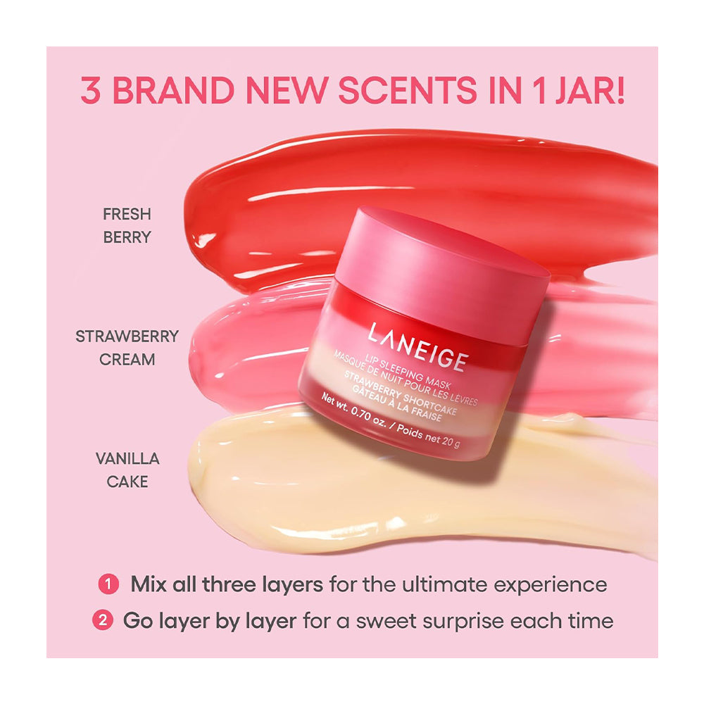 LANEIGE lip balm jar shown on a pink promotional graphic with three cream swatches labeled Fresh Berry, Strawberry Cream, and Vanilla Cake, plus text about three brand new scents in one jar.