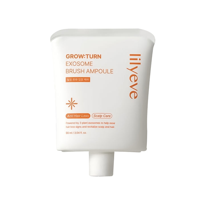 Lilyeve Grow-Turn Exosome Brush Ampoule for scalp care, in a white squeeze bottle with orange text and a white cap, on a solid white background.