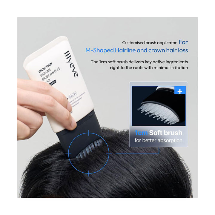 Hair care product with brush applicator being used on hair, featuring text about customization for hairline and crown hair loss.