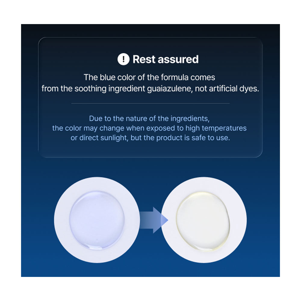 Product packaging with blue text box explaining the color of the formula and its safety.