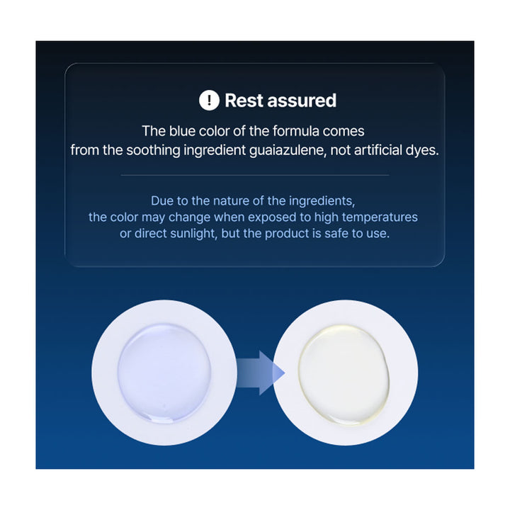 Product packaging with blue text box explaining the color of the formula and its safety.