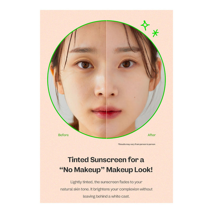 A promotional graphic for tinted sunscreen showing a split before-and-after face on a peach background with text reading &