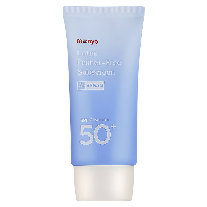 A tube of man:nyo Lotus Primer-Free Sunscreen SPF 50+ with a light blue to white gradient design and a white cap, shown on a plain white background.