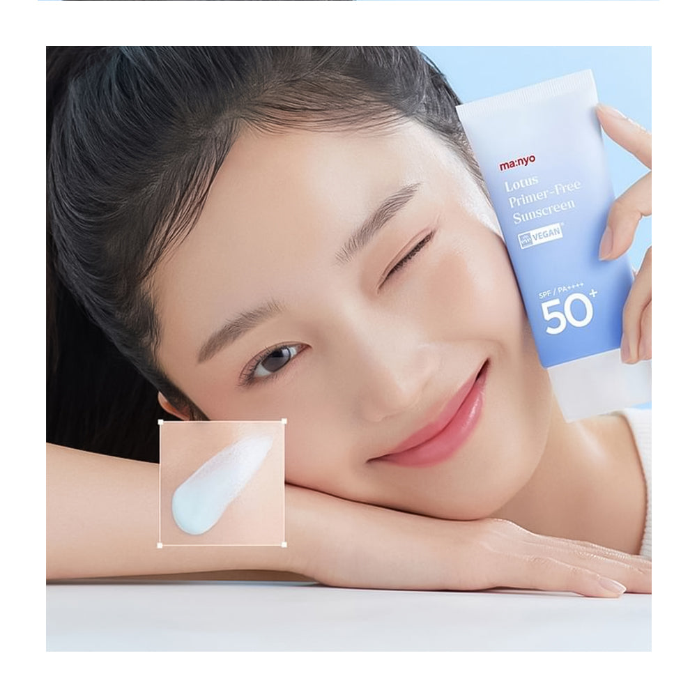 A woman rests her head on her hand while holding a blue tube of Ma-nyééé Skin Water Primer-Free Sunscreen SPF 50+. A small inset shows a dollop of the white sunscreen cream.