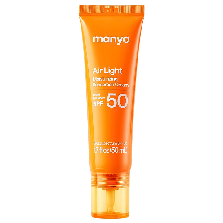 A 50 mL squeeze tube of manyo Air Light Moisturizing Sunscreen Cream SPF 50, featuring a bright orange body and a translucent amber cap, set against a plain white background.