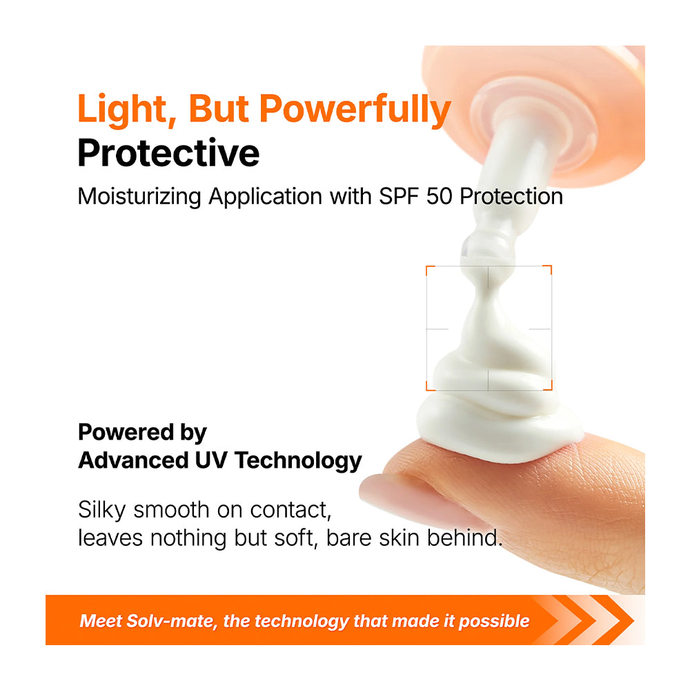 A promotional graphic for a moisturizing sunscreen product showing a finger under an open bottle with white cream being dispensed. Text reads &