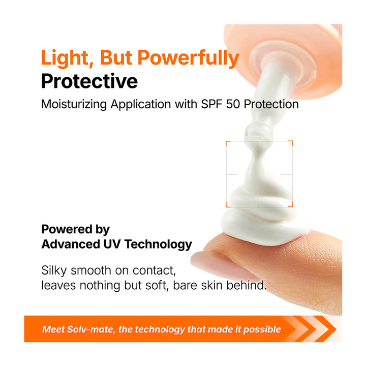 A promotional graphic for a moisturizing sunscreen product showing a finger under an open bottle with white cream being dispensed. Text reads &