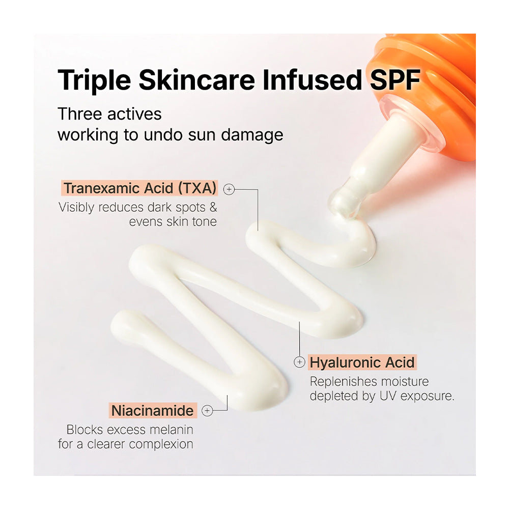 A skincare infographic showing a squeeze of white SPF cream from an orange tube on a light background, with text highlighting Tranexamic Acid, Hyaluronic Acid, and Niacinamide benefits.
