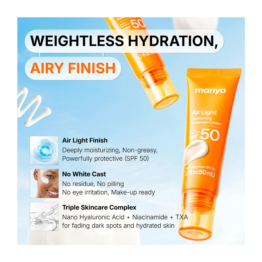 An orange Manny Air Light Moisturizing Sunscreen Cream SPF 50 tube shown on a light blue graphic background with marketing text and feature callouts about weightless hydration, airy finish, no white cast, and triple skincare complex.