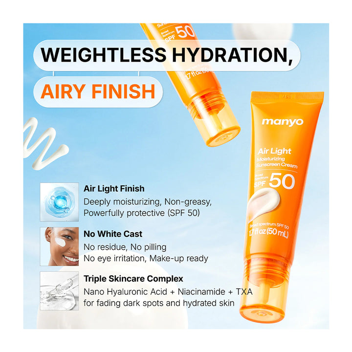 An orange Manny Air Light Moisturizing Sunscreen Cream SPF 50 tube shown on a light blue graphic background with marketing text and feature callouts about weightless hydration, airy finish, no white cast, and triple skincare complex.