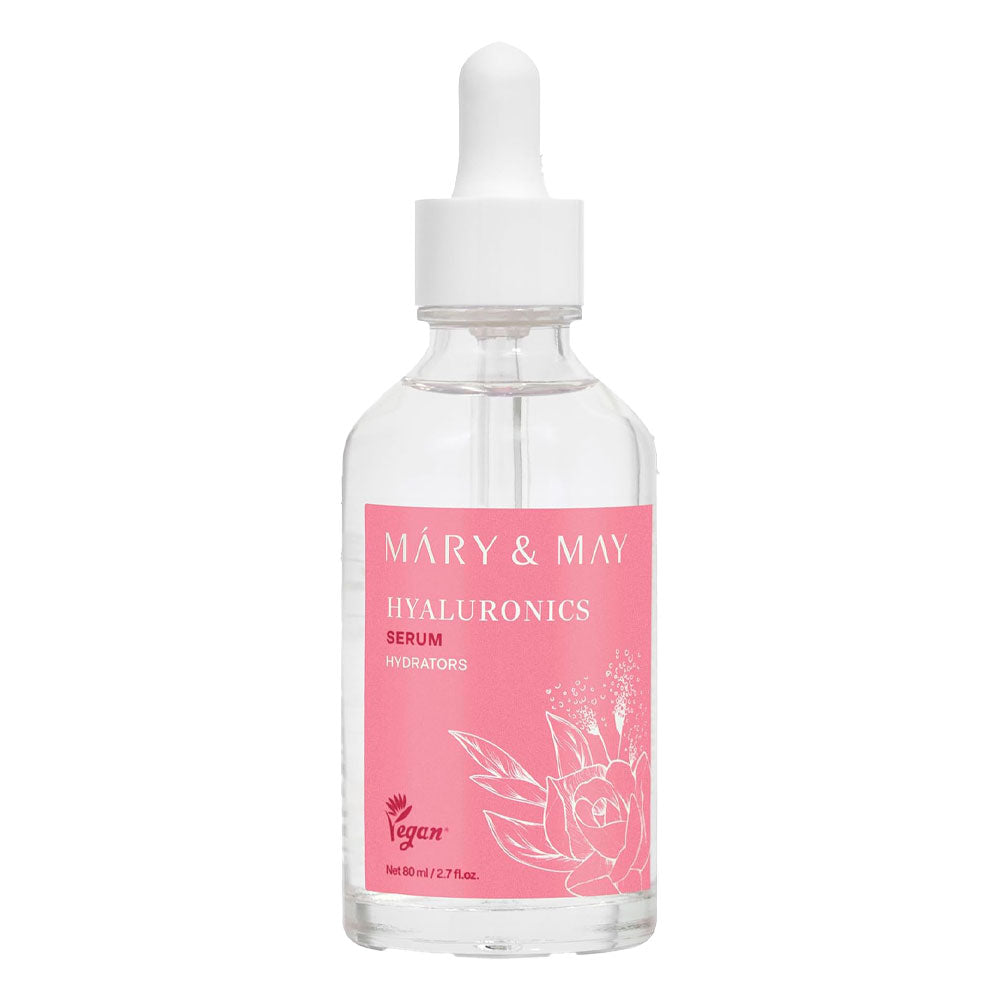 Skincare serum bottle with pink label on a white background