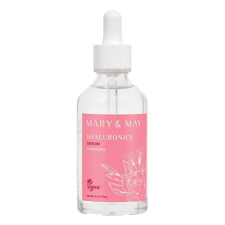 Skincare serum bottle with pink label on a white background