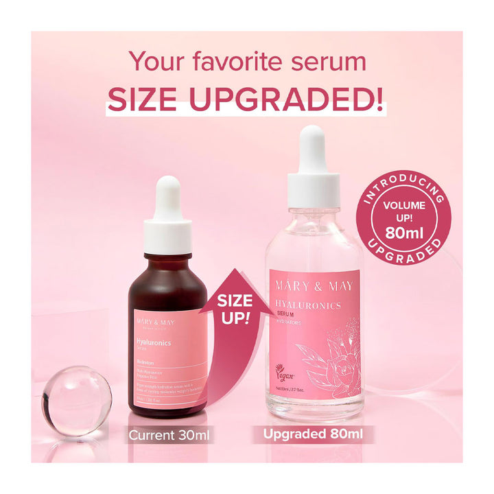 Two serum bottles with text indicating a size upgrade on a pink background
