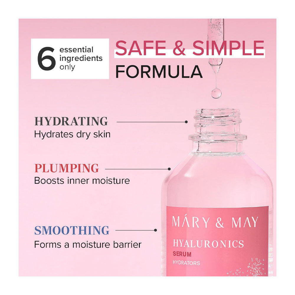 Advertisement for Mary &amp; May Hyaluronics Serum with text on a pink background