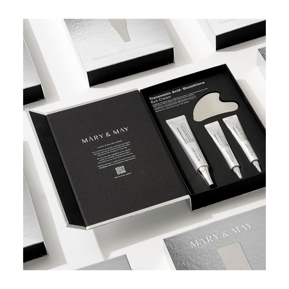 MARY&MAY Tranexamic Acid + Glutathione Eye Cream Gua Sha Kit - Peaches&Creme Shop Korean Skincare Malta