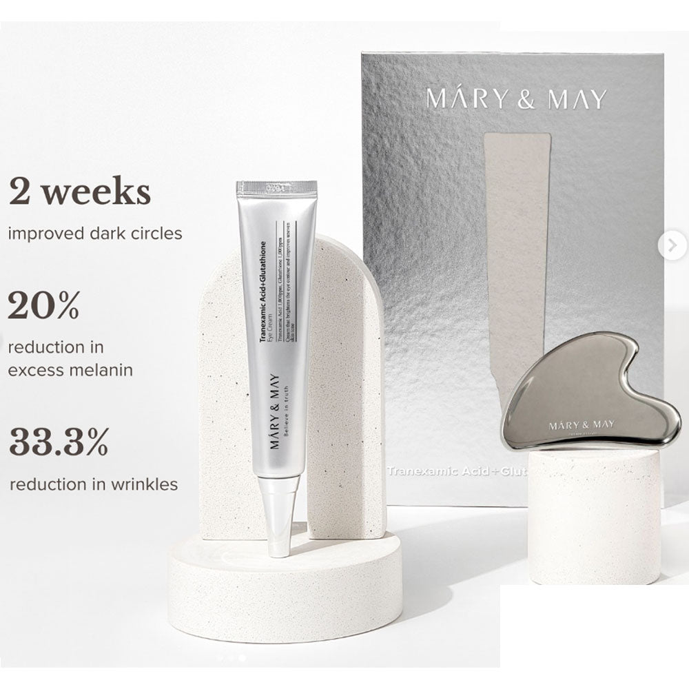 MARY&MAY Tranexamic Acid + Glutathione Eye Cream Gua Sha Kit - Peaches&Creme Shop Korean Skincare Malta