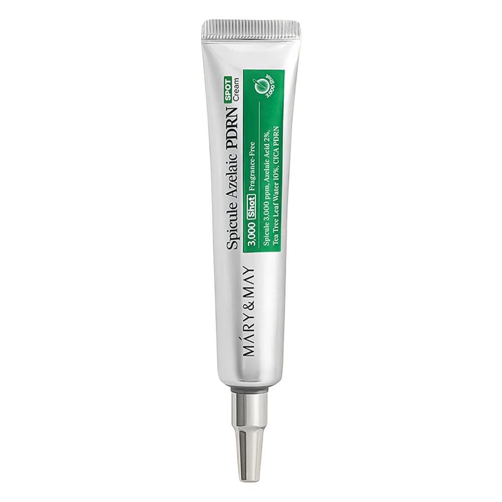 Mary &amp; May Spittle-Avalanche PDRN Cream in a white squeeze tube with a green label, featuring a metallic silver applicator tip, shown on a plain white background.