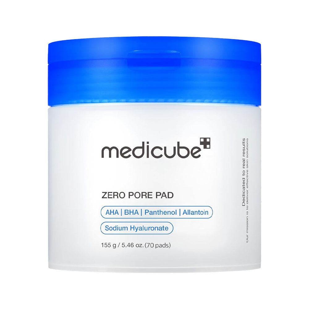 A white jar of medicube Zero Pore Pad with a bright blue screw-on lid, shown on a plain white background.