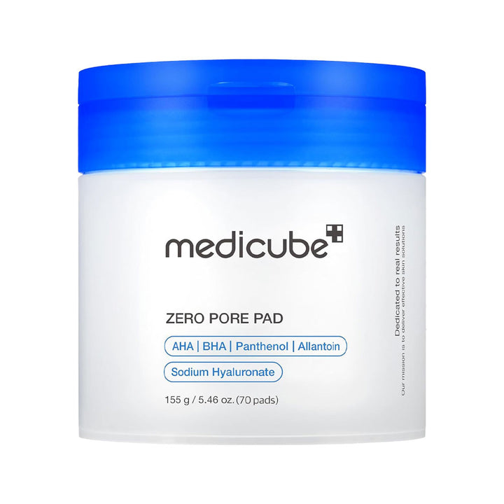 A white jar of medicube Zero Pore Pad with a bright blue screw-on lid, shown on a plain white background.