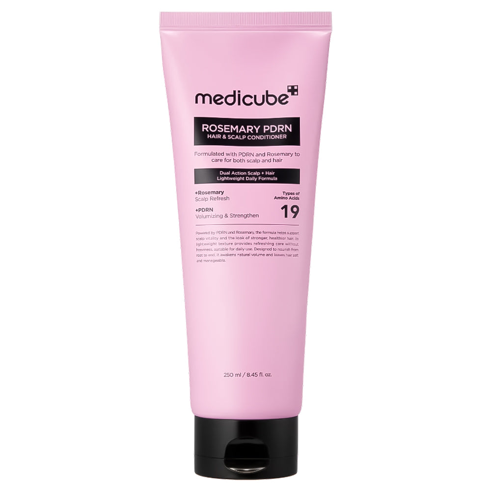 A pink squeeze tube of medicube Rosemary PDRN Hair & Scalp Conditioner with a black cap, shown on a plain white background.
