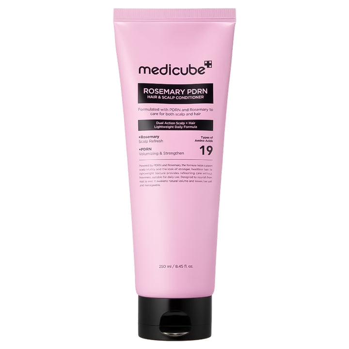 A pink squeeze tube of medicube Rosemary PDRN Hair &amp; Scalp Conditioner with a black cap, shown on a plain white background.