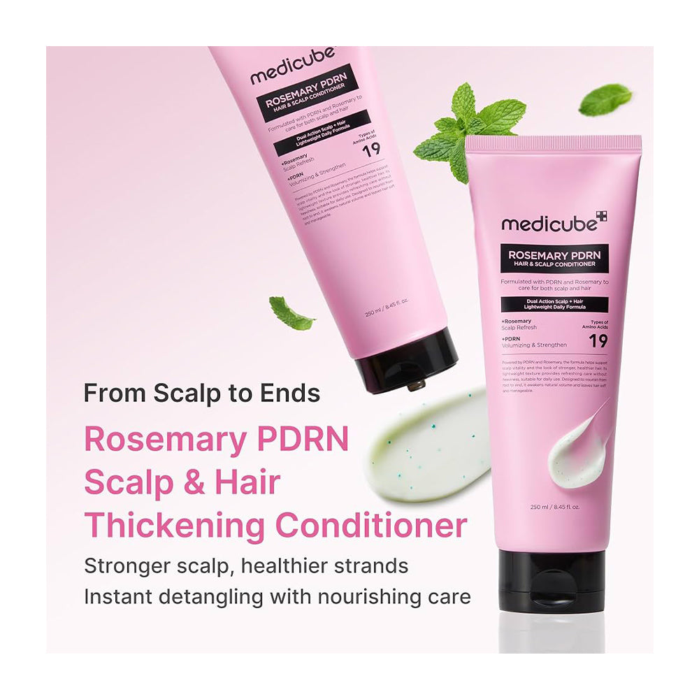 Two pink tubes of medicube Rosemary PORN Scalp & Hair Thickening Conditioner are displayed on a light pink background with mint leaves and a dollop of white conditioner. Text on the left reads 'From Scalp to Ends Rosemary PORN Scalp & Hair Thickening Conditioner'.