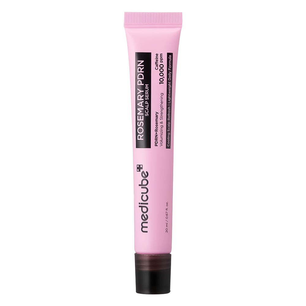 A pink squeeze tube of medicube Rosemary PDRN Scalp Serum with a black cap, shown on a plain white background.