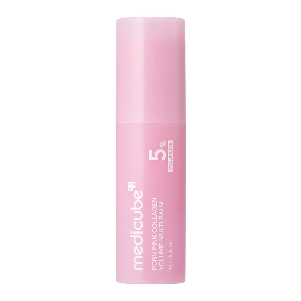 A pink cylindrical cosmetic tube for Medlcube PDRN Pink Collagen Melten Balm, featuring white text and a translucent cap, set against a plain white background.