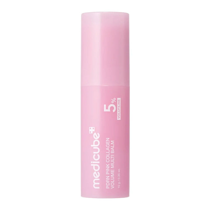 A pink cylindrical cosmetic tube for Medlcube PDRN Pink Collagen Melten Balm, featuring white text and a translucent cap, set against a plain white background.
