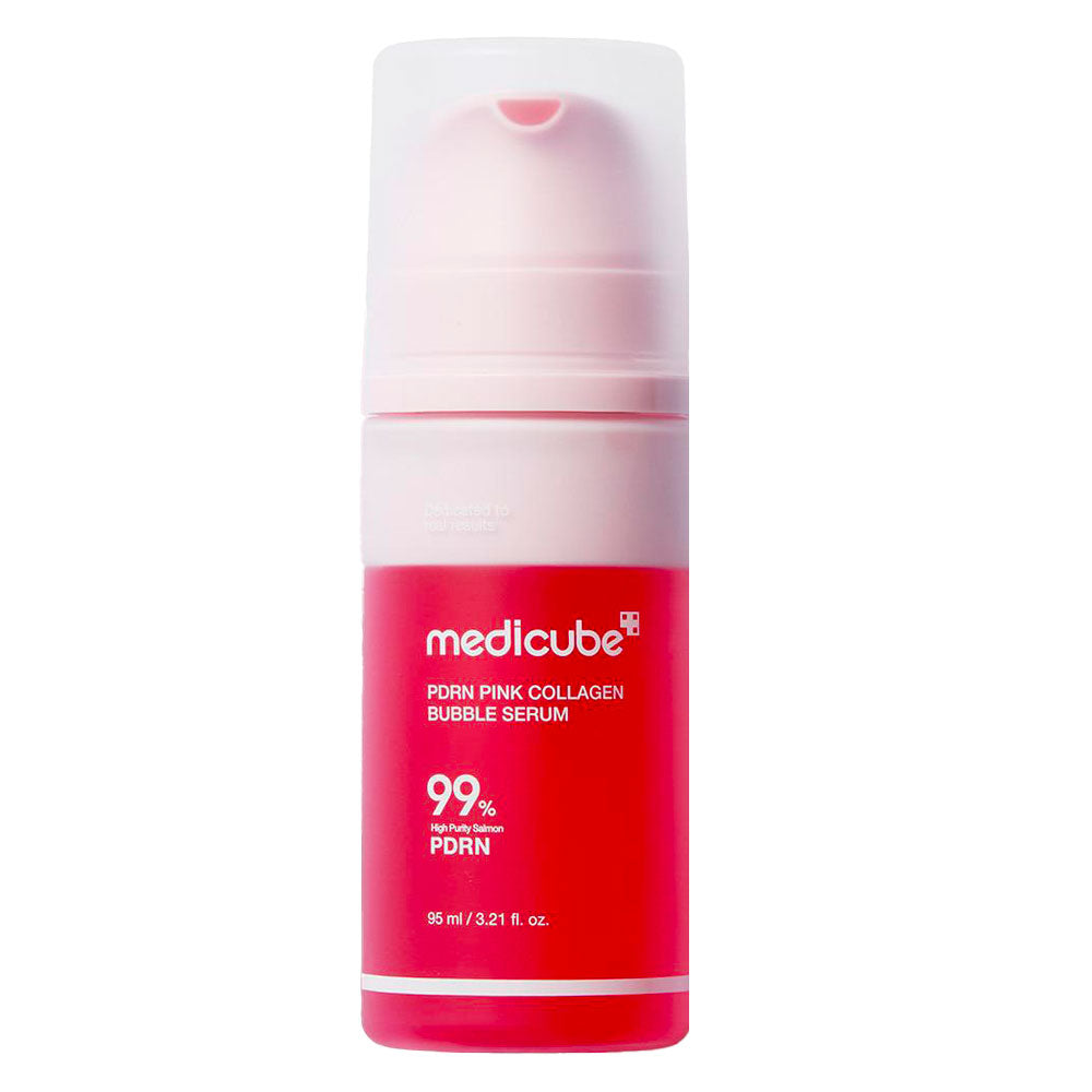 Medicube PDRN Pink Collagen Bubble Serum in a 95 ml pump bottle, featuring a vibrant pink and red label with white text, set against a plain white background.