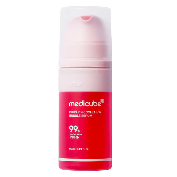 Medicube PDRN Pink Collagen Bubble Serum in a 95 ml pump bottle, featuring a vibrant pink and red label with white text, set against a plain white background.
