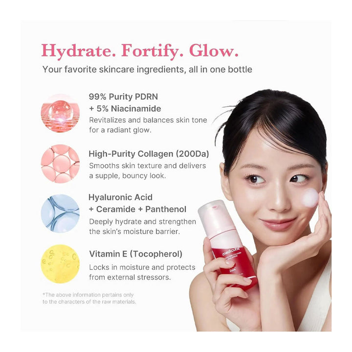 A skincare bottle held by a woman on a light gray background with promotional text. The bottle is red with a pale pink cap.