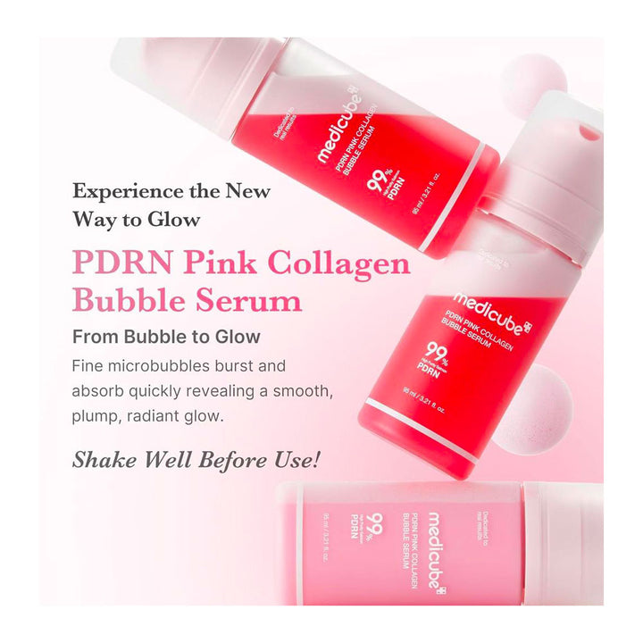 Three bottles of Medicube PDRN Pink Collagen Bubble Serum in pink and red packaging, arranged diagonally on a light pink background with promotional text.