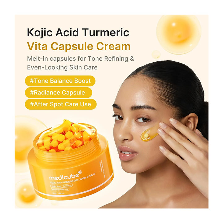 Medicube Kojic Acid Turmeric Vita Capsule Cream advertisement showing a woman applying a yellow gel patch to her cheek, alongside an open jar filled with yellow capsules and text highlighting skin care benefits.