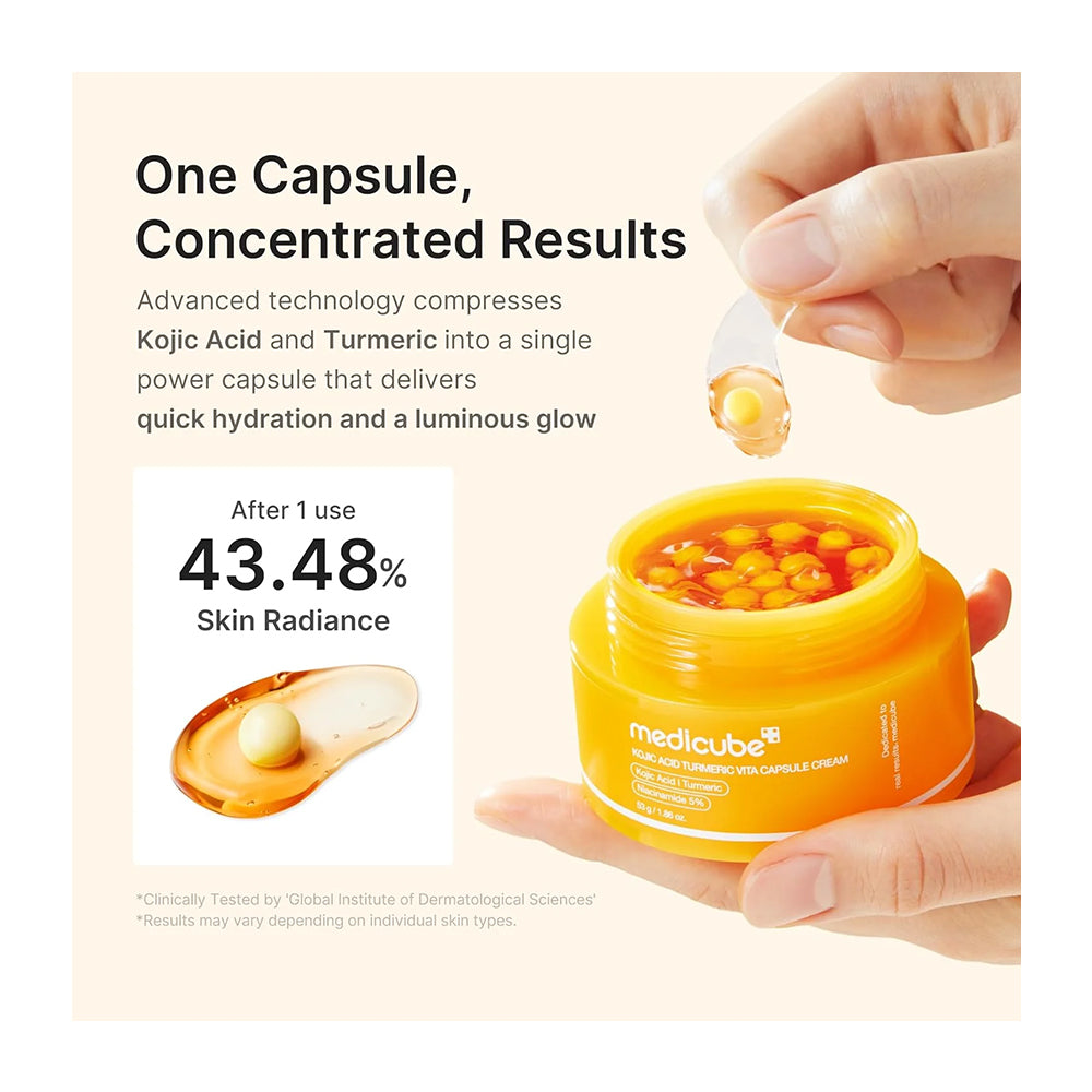 A hand holds an open yellow jar of medlcube Turmeric Capsule Cream, with a spoon lifting a golden capsule from the top. Text on the left explains the technology and shows a 43.