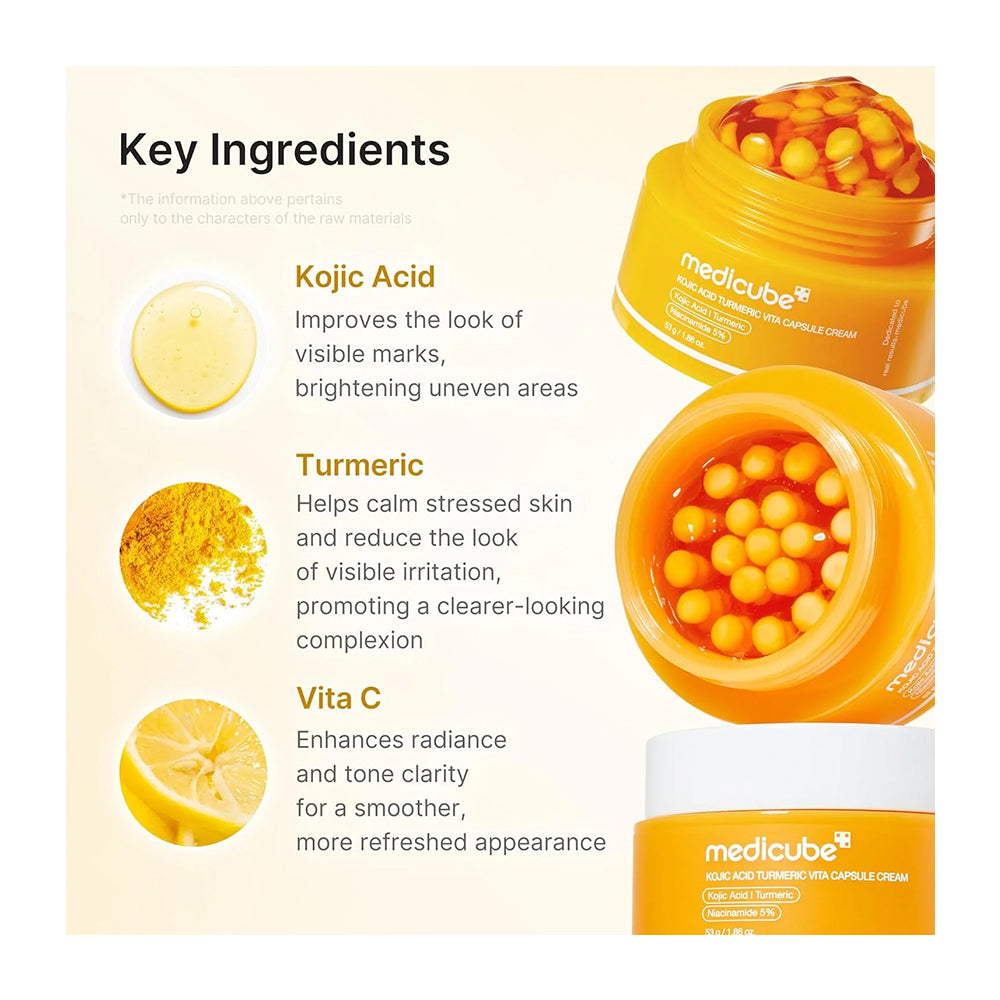 Medicube Key Ingredients skincare ad showing two open jars of yellow-orange encapsulated cream on a light cream background, with text listing Kojic Acid, Turmeric, and Vita C benefits.