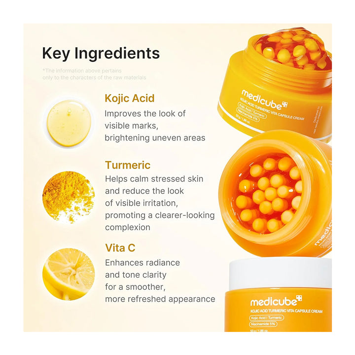 Medicube Key Ingredients skincare ad showing two open jars of yellow-orange encapsulated cream on a light cream background, with text listing Kojic Acid, Turmeric, and Vita C benefits.