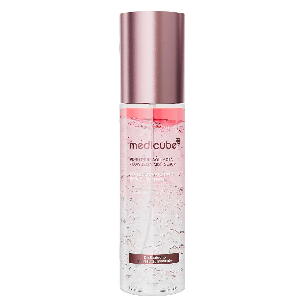 Medicube Poppy Pink Collagen Facial Jelly Mask Serum in a clear cylindrical bottle with a metallic rose gold cap, shown against a plain white background.