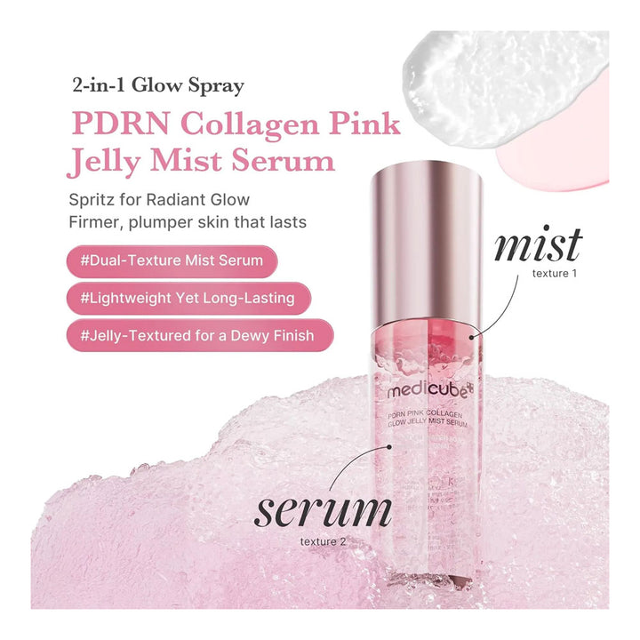 Medcube PDRN Collagen Pink Jelly Mist Serum bottle with a metallic rose gold cap, set against a white background with pink gel texture graphics and descriptive text.