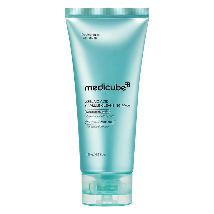 A 120g tube of medicube Azelaic Acid Capsule Cleansing Foam in a light teal-blue color, shown on a solid white background.