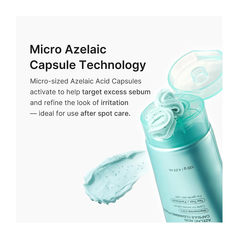 A cosmetic bottle with a translucent cap and a swirl of pale aqua cream, shown beside a smear of matching product and marketing text about Micro Azelaic Capsule Technology on a light gray background.