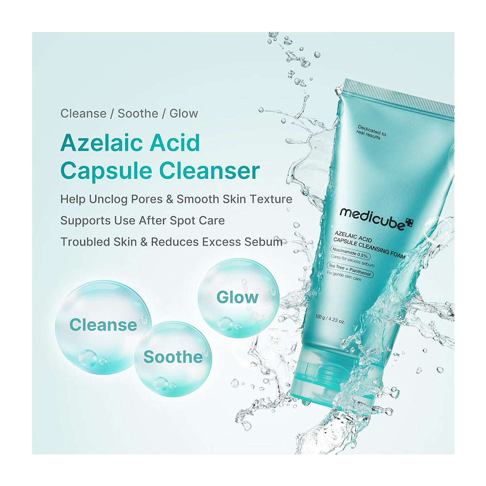 Medicube Azelaic Acid Capsule Cleanser in a translucent aqua tube, shown with water splash graphics and text highlighting skin benefits on a pale blue background.