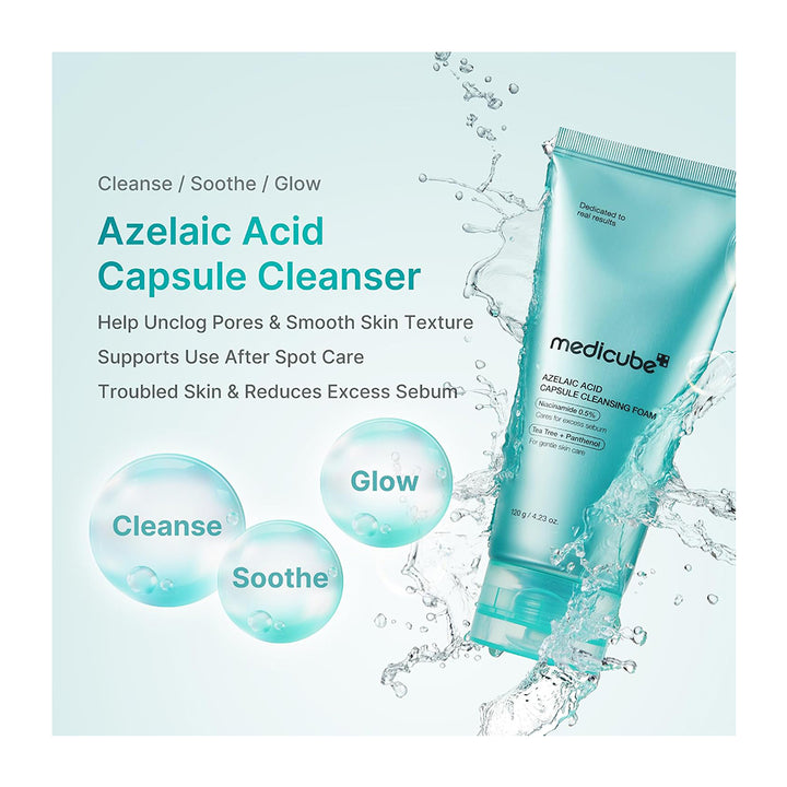 Medicube Azelaic Acid Capsule Cleanser in a translucent aqua tube, shown with water splash graphics and text highlighting skin benefits on a pale blue background.