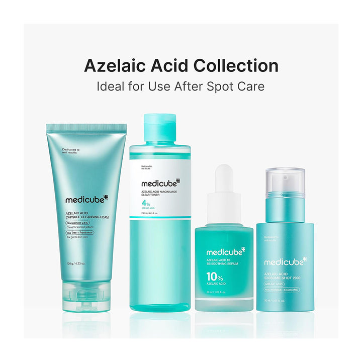 Four Medicube skincare products in a row against a white background with text reading &