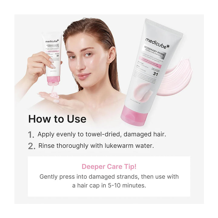 Medicube Rosemary Hair treatment product shown with a woman applying the cream to her hair, alongside a large tube of the treatment and a pink hair swatch. The image includes a &